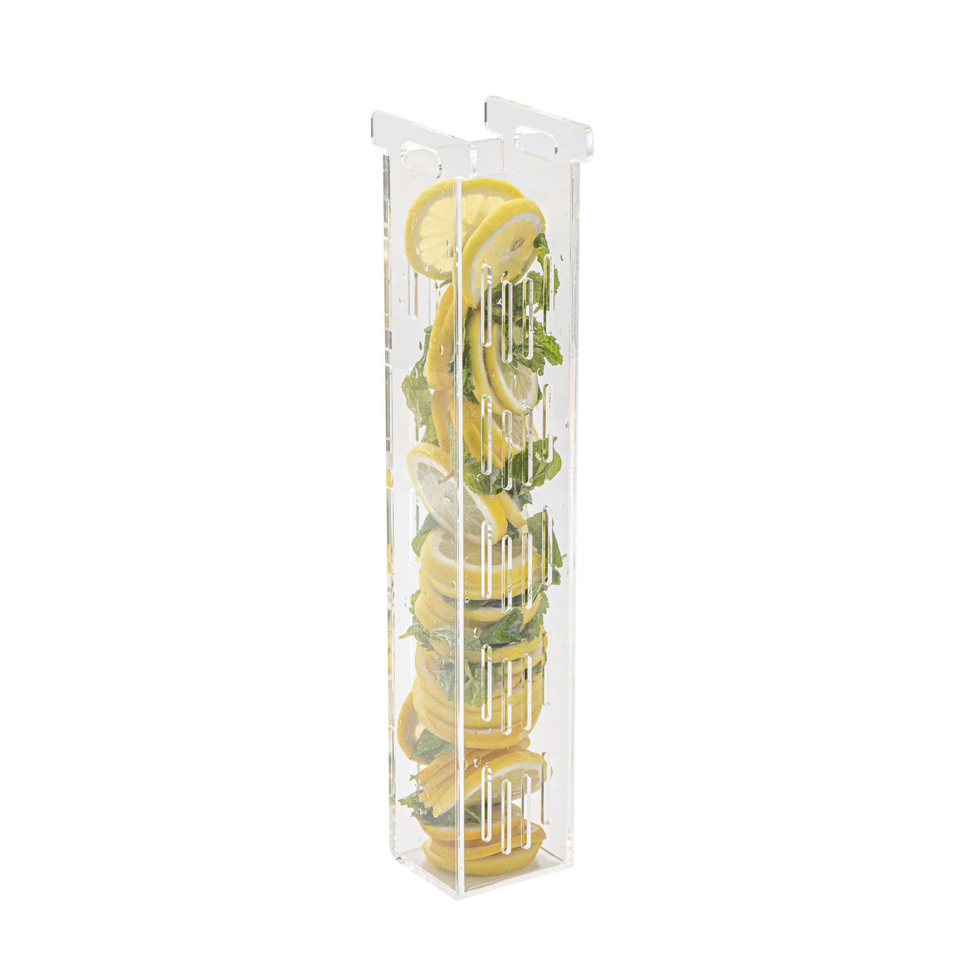 Bev Tek 3 gal Square Clear Acrylic Beverage Dispenser - Infusion Core, White Base - 7 3/4" x 7 3/4" x 25 3/4" - 1 count box