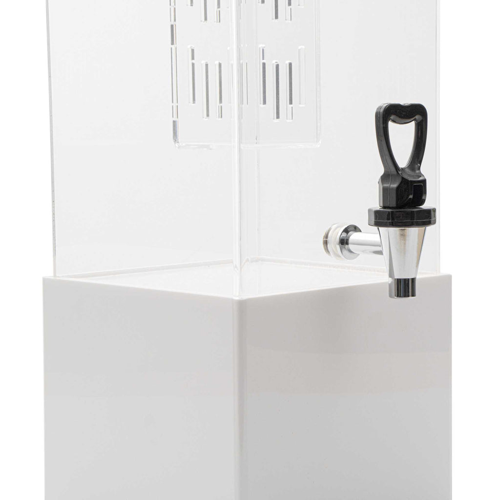 Bev Tek 3 gal Square Clear Acrylic Beverage Dispenser - Infusion Core, White Base - 7 3/4" x 7 3/4" x 25 3/4" - 1 count box