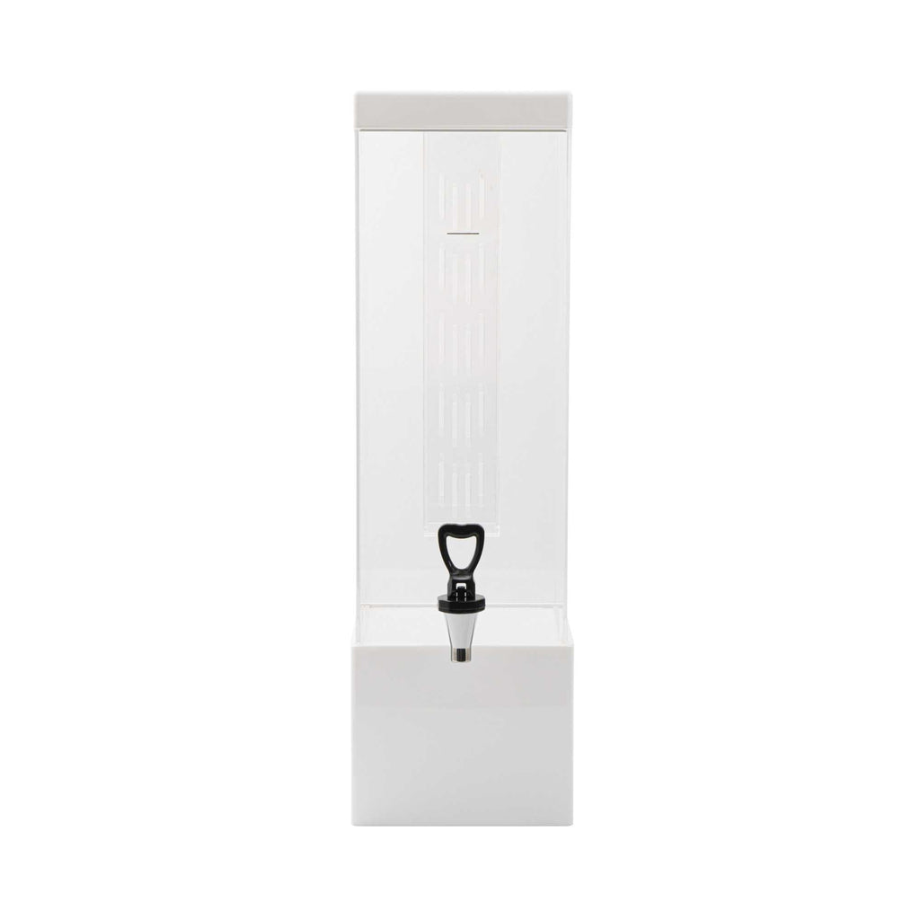 Bev Tek 3 gal Square Clear Acrylic Beverage Dispenser - Infusion Core, White Base - 7 3/4" x 7 3/4" x 25 3/4" - 1 count box