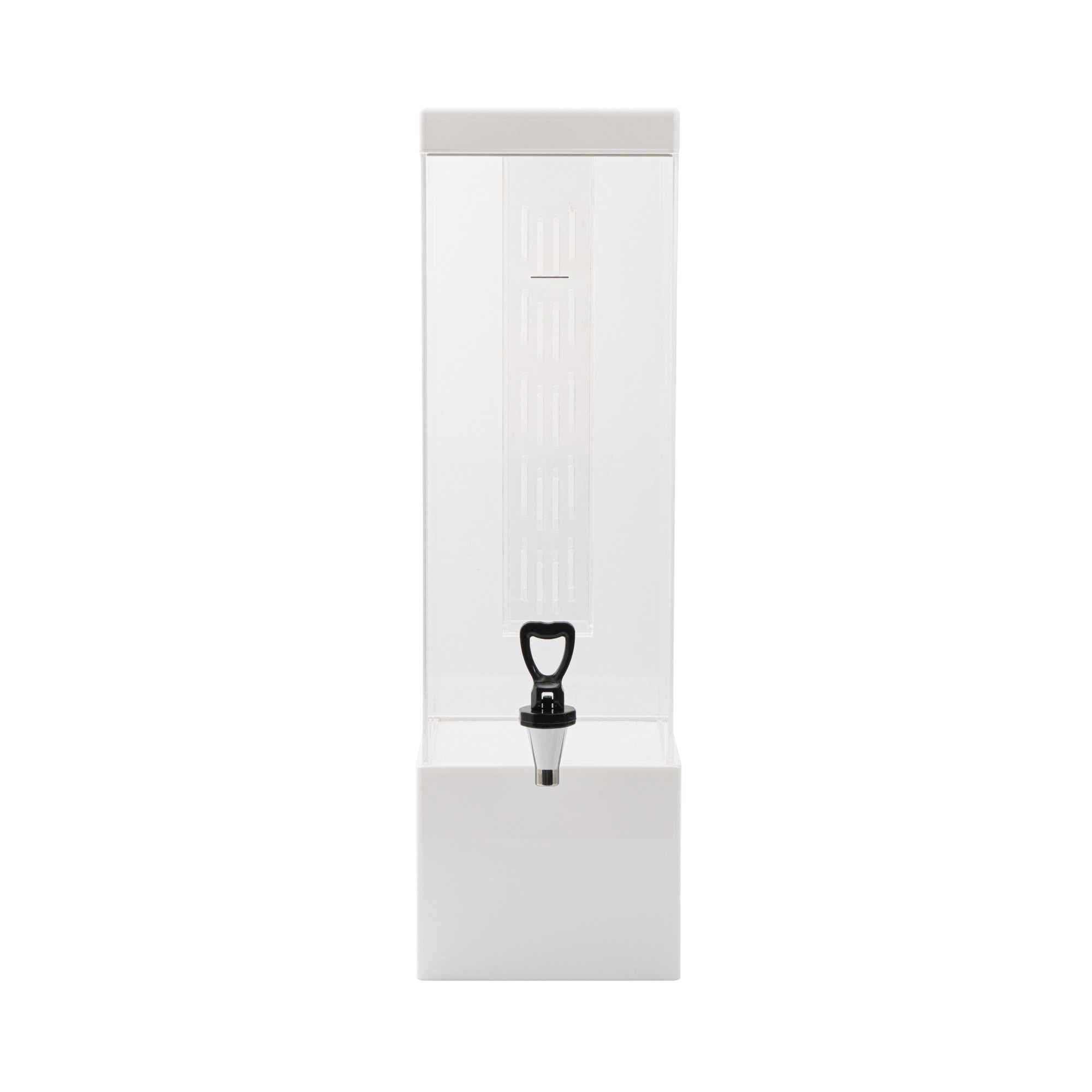 Bev Tek 3 gal Square Clear Acrylic Beverage Dispenser - Infusion Core, White Base - 7 3/4" x 7 3/4" x 25 3/4" - 1 count box