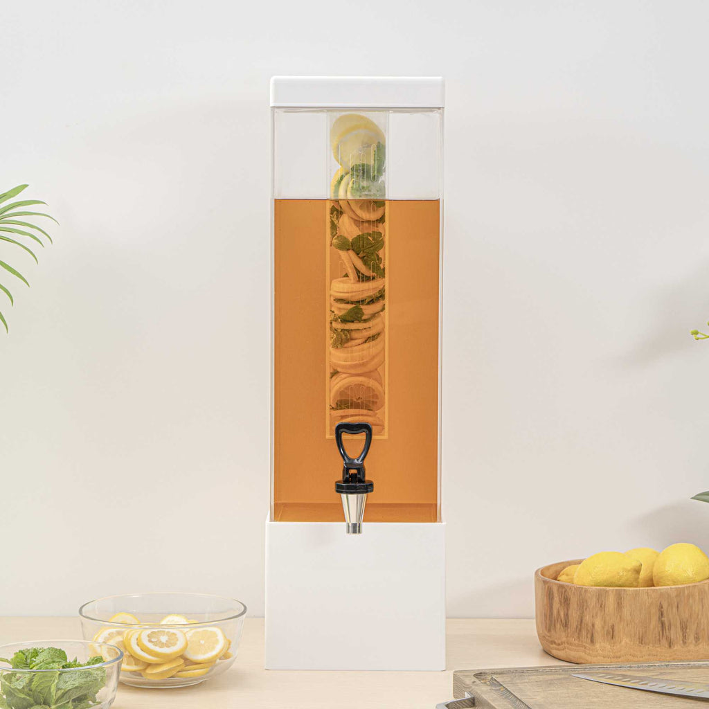 Bev Tek 3 gal Square Clear Acrylic Beverage Dispenser - Infusion Core, White Base - 7 3/4" x 7 3/4" x 25 3/4" - 1 count box