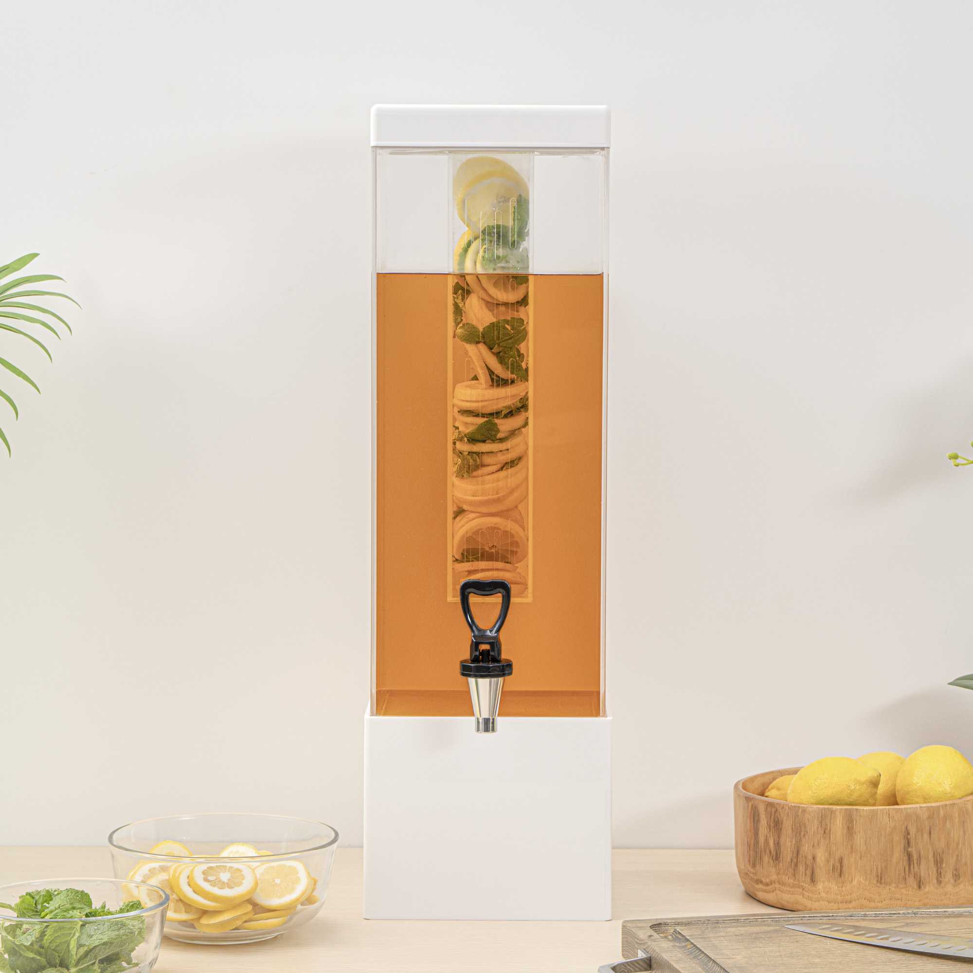 Bev Tek 3 gal Square Clear Acrylic Beverage Dispenser - Infusion Core, White Base - 7 3/4" x 7 3/4" x 25 3/4" - 1 count box