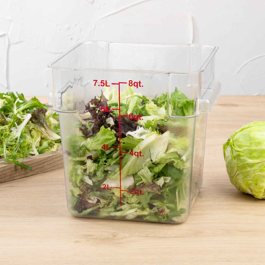 Met Lux 8 qt Square Clear Plastic Food Storage Container - with Red Volume Markers - 8 3/4" x 8 3/4" x 8 1/2" - 1 count box