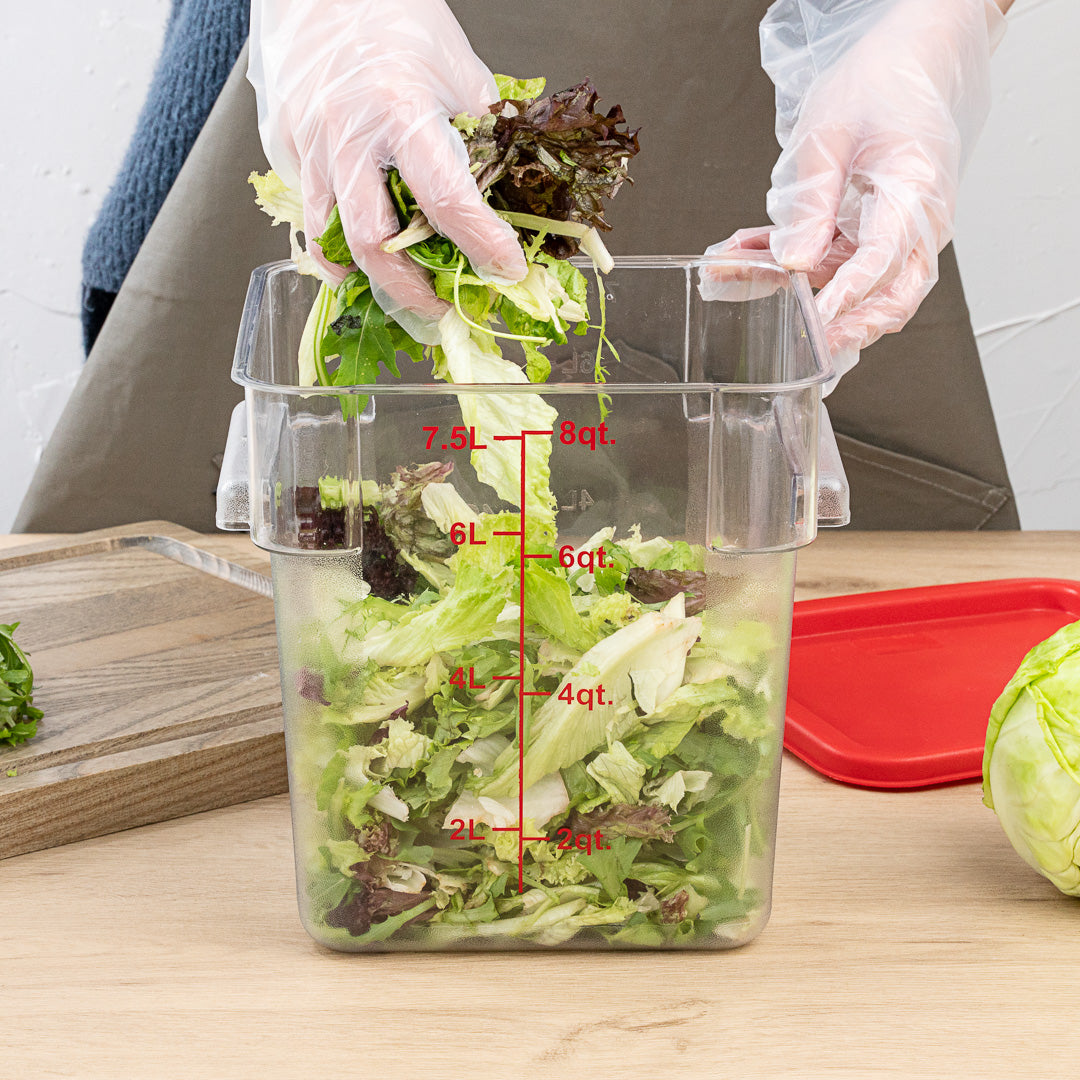 Met Lux 8 qt Square Clear Plastic Food Storage Container - with Red Volume Markers - 8 3/4" x 8 3/4" x 8 1/2" - 1 count box