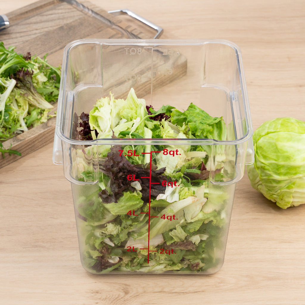 Met Lux 8 qt Square Clear Plastic Food Storage Container - with Red Volume Markers - 8 3/4" x 8 3/4" x 8 1/2" - 10 count box