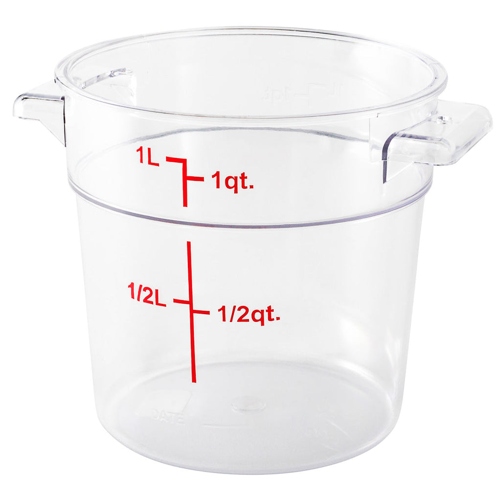 Met Lux 1 qt Round Clear Plastic Food Storage Container - with Red Volume Markers - 5" x 5" x 4 3/4" - 10 count box