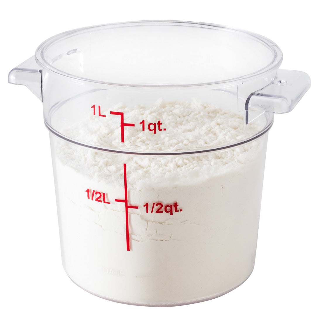 Met Lux 1 qt Round Clear Plastic Food Storage Container - with Red Volume Markers - 5" x 5" x 4 3/4" - 10 count box
