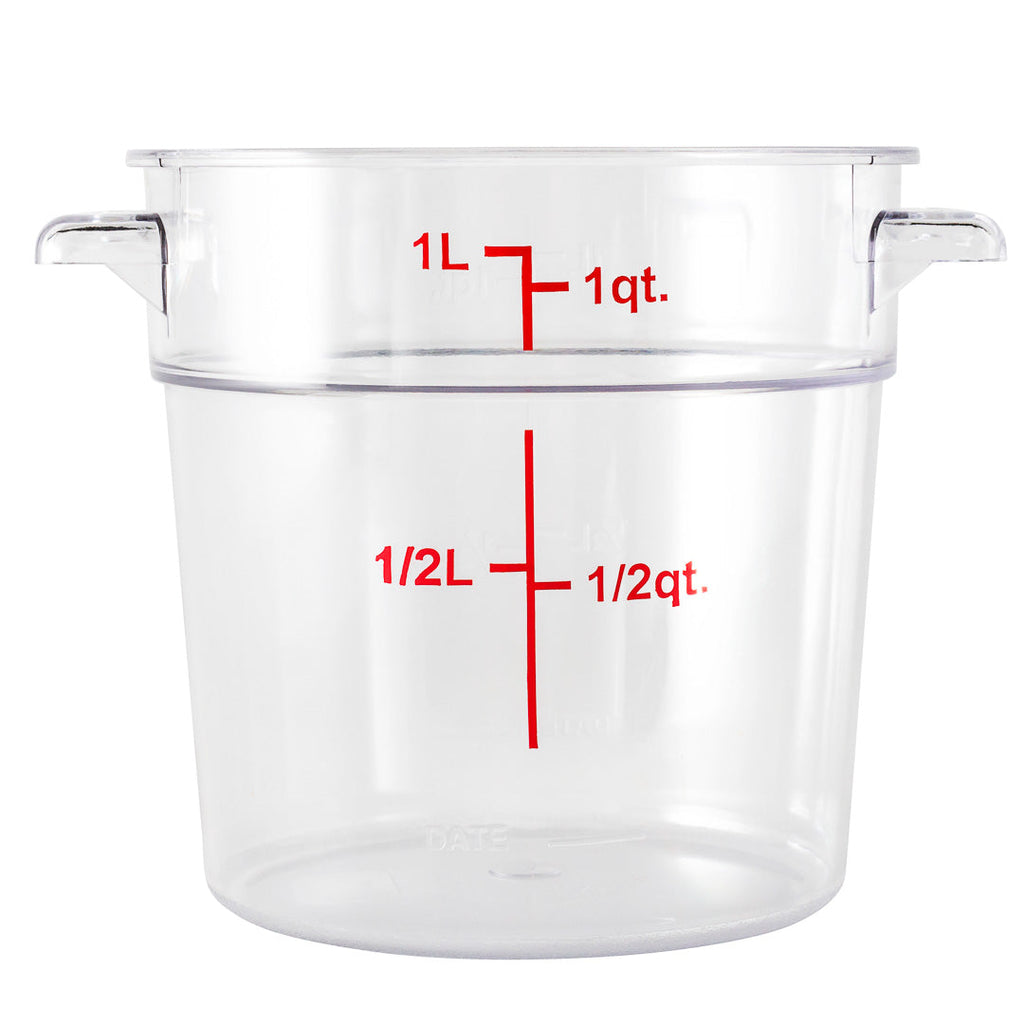 Met Lux 1 qt Round Clear Plastic Food Storage Container - with Red Volume Markers - 5" x 5" x 4 3/4" - 10 count box