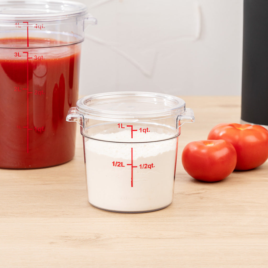 Met Lux 1 qt Round Clear Plastic Food Storage Container - with Red Volume Markers - 5" x 5" x 4 3/4" - 10 count box