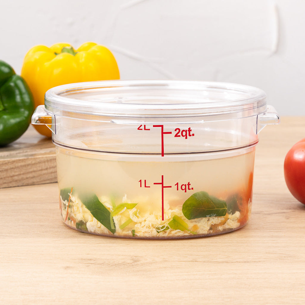 Met Lux 2 qt Round Clear Plastic Food Storage Container - with Red Volume Markers - 7" x 7" x 4 1/4" - 1 count box