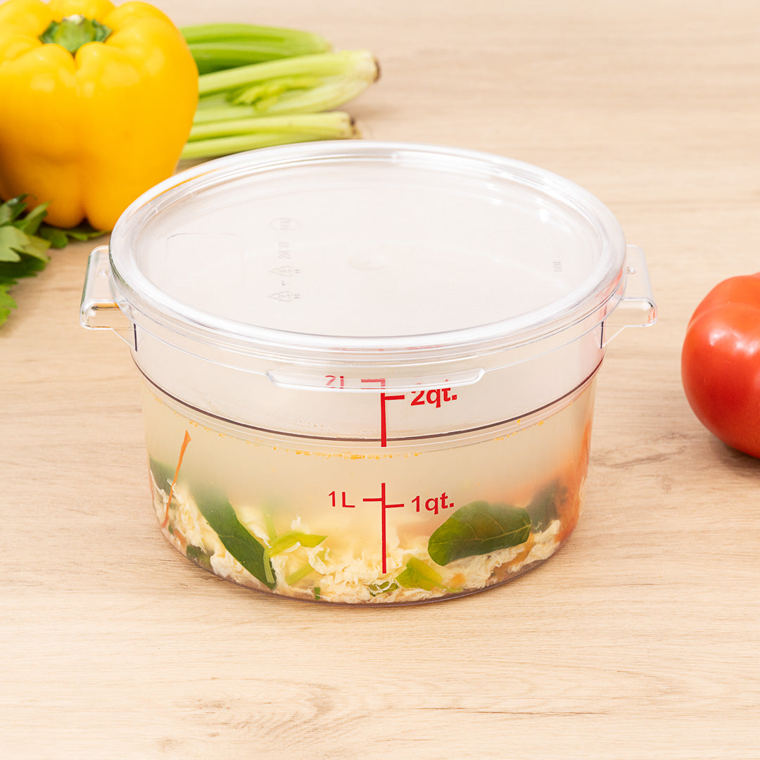 Met Lux 2 qt Round Clear Plastic Food Storage Container - with Red Volume Markers - 7" x 7" x 4 1/4" - 1 count box