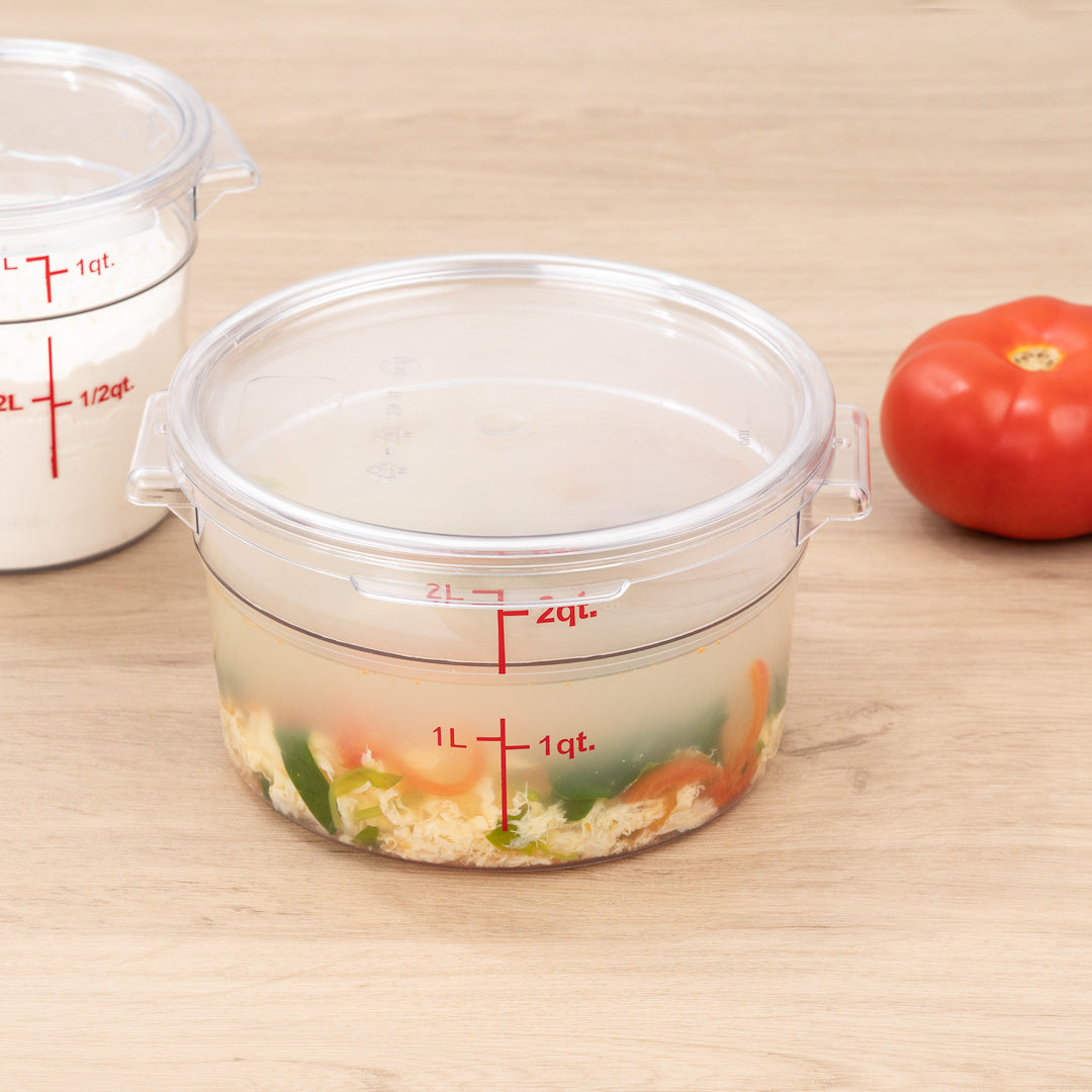 Met Lux 2 qt Round Clear Plastic Food Storage Container - with Red Volume Markers - 7" x 7" x 4 1/4" - 1 count box