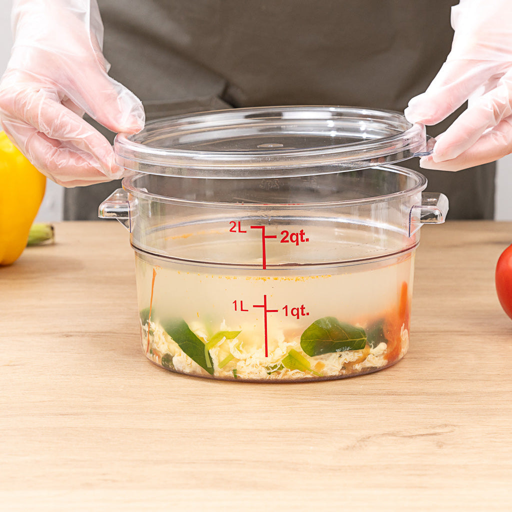 Met Lux 2 qt Round Clear Plastic Food Storage Container - with Red Volume Markers - 7" x 7" x 4 1/4" - 10 count box