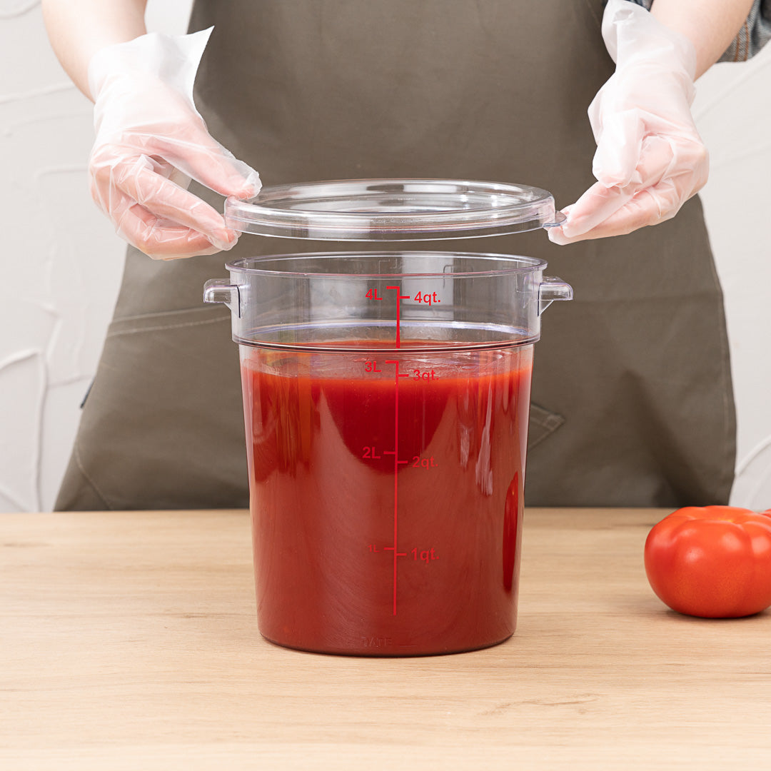 Met Lux 4 qt Round Clear Plastic Food Storage Container - with Red Volume Markers - 7" x 7" x 8 1/2" - 1 count box