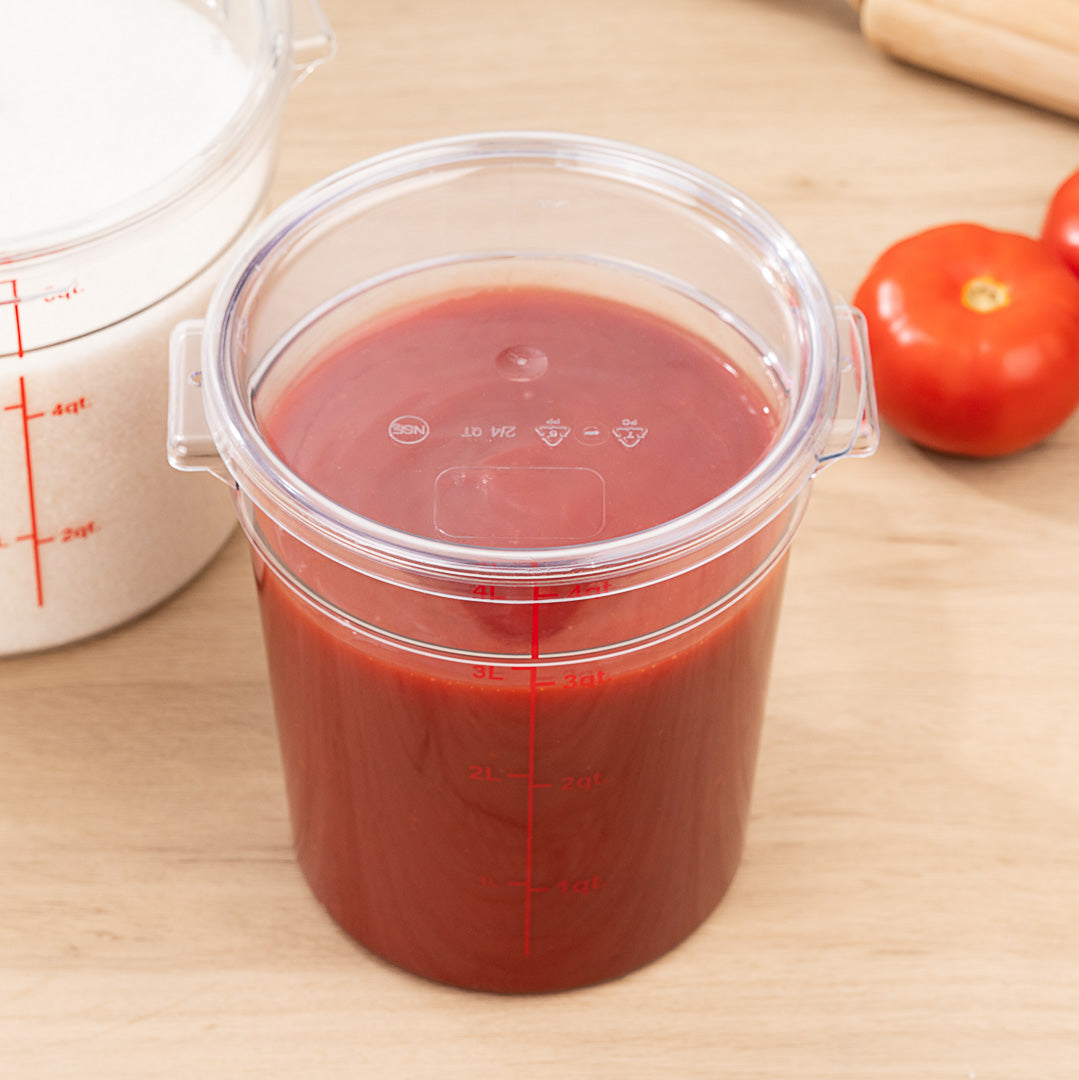 Met Lux 4 qt Round Clear Plastic Food Storage Container - with Red Volume Markers - 7" x 7" x 8 1/2" - 1 count box