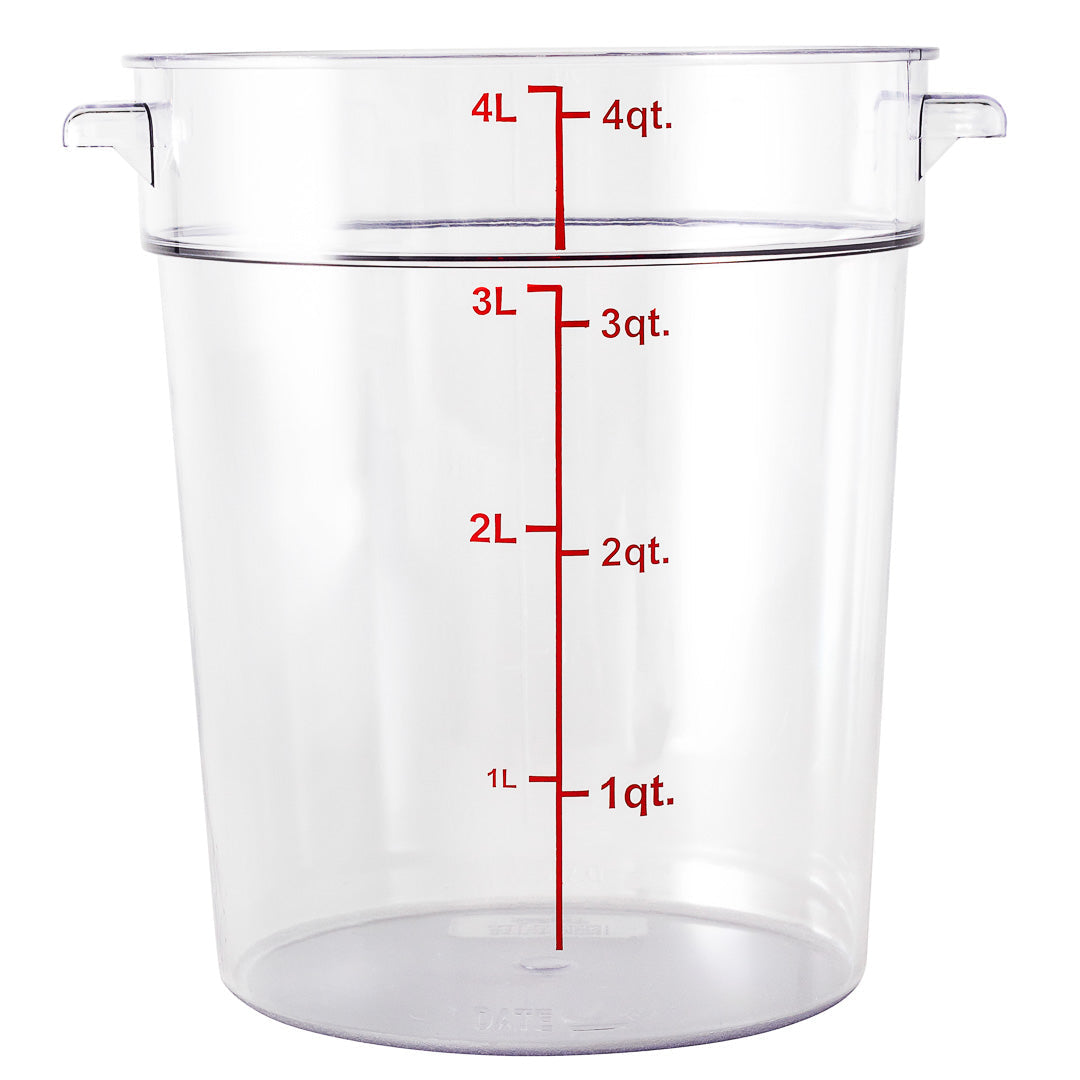 Met Lux 4 qt Round Clear Plastic Food Storage Container - with Red Volume Markers - 7" x 7" x 8 1/2" - 10 count box
