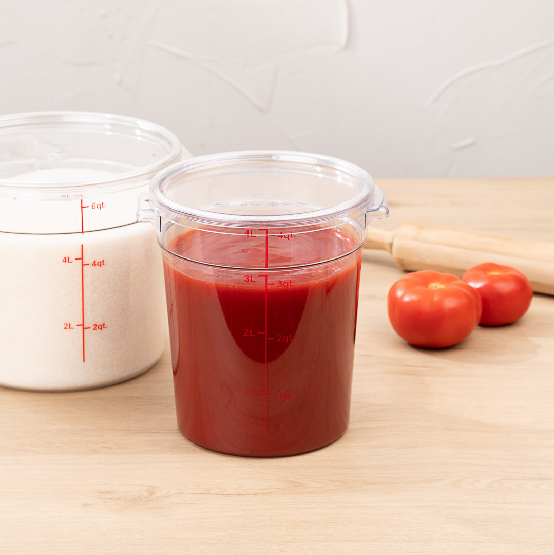 Met Lux 4 qt Round Clear Plastic Food Storage Container - with Red Volume Markers - 7" x 7" x 8 1/2" - 10 count box