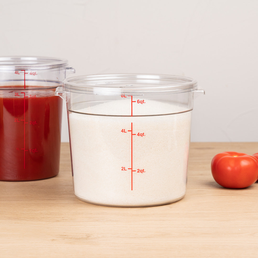 Met Lux 6 qt Round Clear Plastic Food Storage Container - with Red Volume Markers - 8 3/4" x 8 3/4" x 7 3/4" - 10 count box