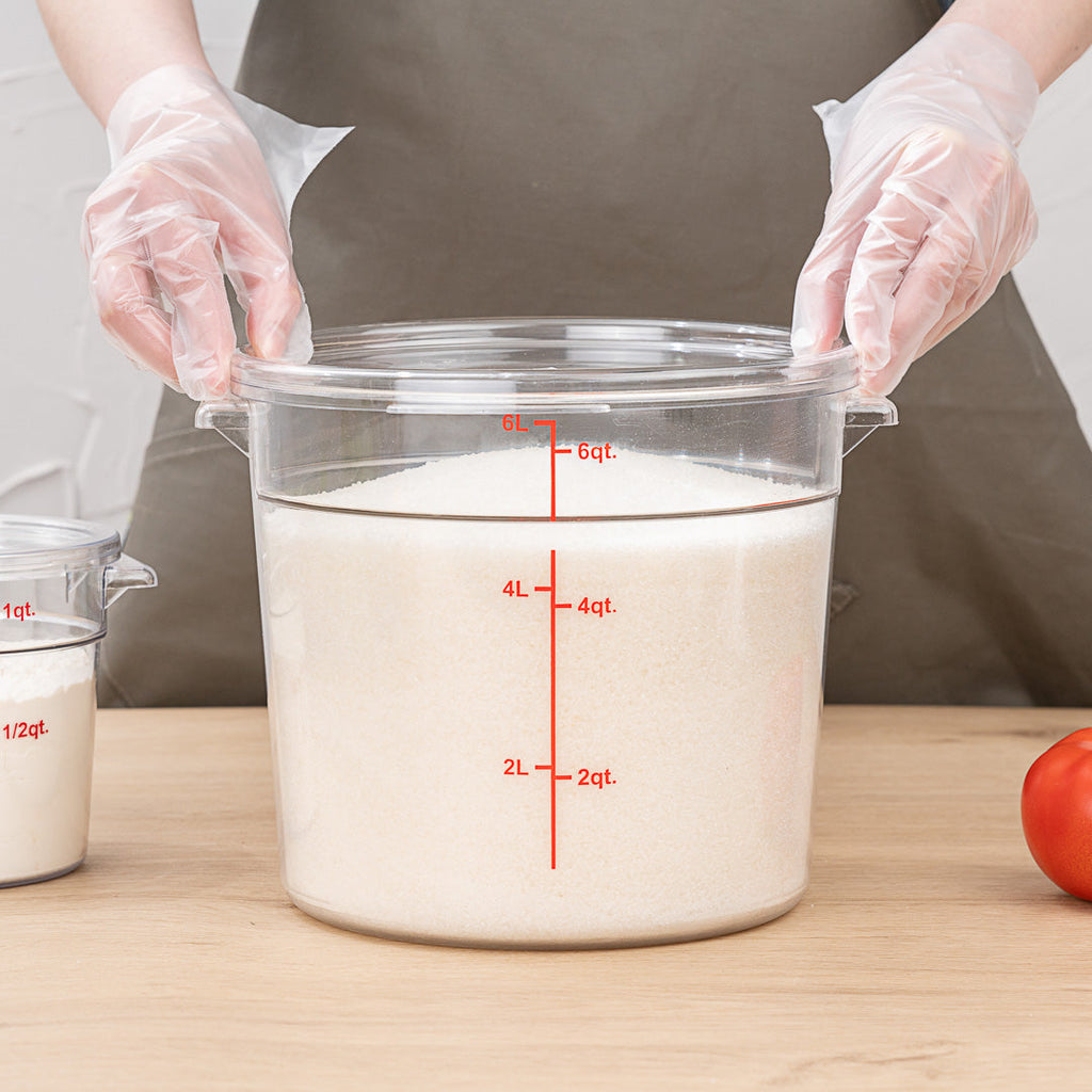 Met Lux 6 qt Round Clear Plastic Food Storage Container - with Red Volume Markers - 8 3/4" x 8 3/4" x 7 3/4" - 10 count box