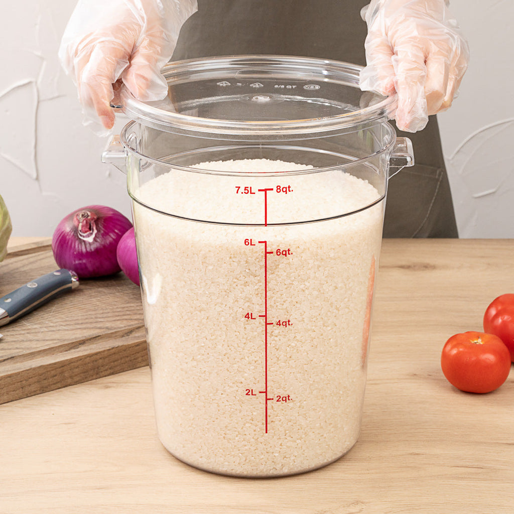 Met Lux 8 qt Round Clear Plastic Food Storage Container - with Red Volume Markers - 8 3/4" x 8 3/4" x 10 1/2" - 1 count box