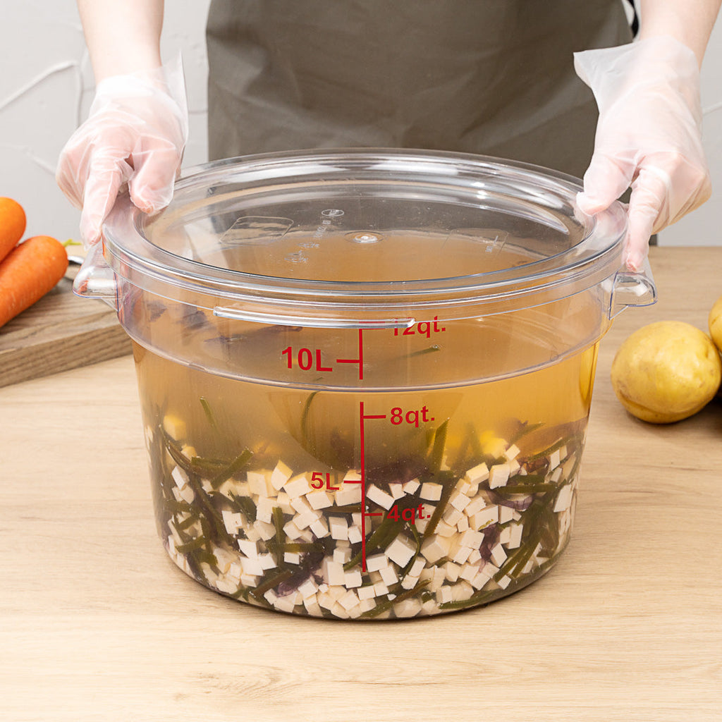Met Lux 12 qt Round Clear Plastic Food Storage Container - with Red Volume Markers - 12 1/4" x 12 1/4" x 8" - 10 count box
