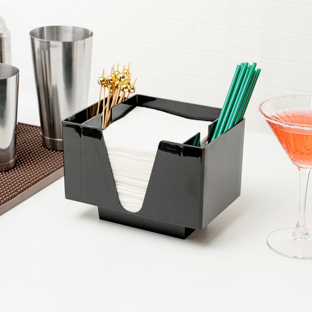 Bar Lux Black Plastic Condiment Caddy / Napkin Holder - 3 Compartments - 8" x 5 1/2" x 5 3/4" - 1 count box