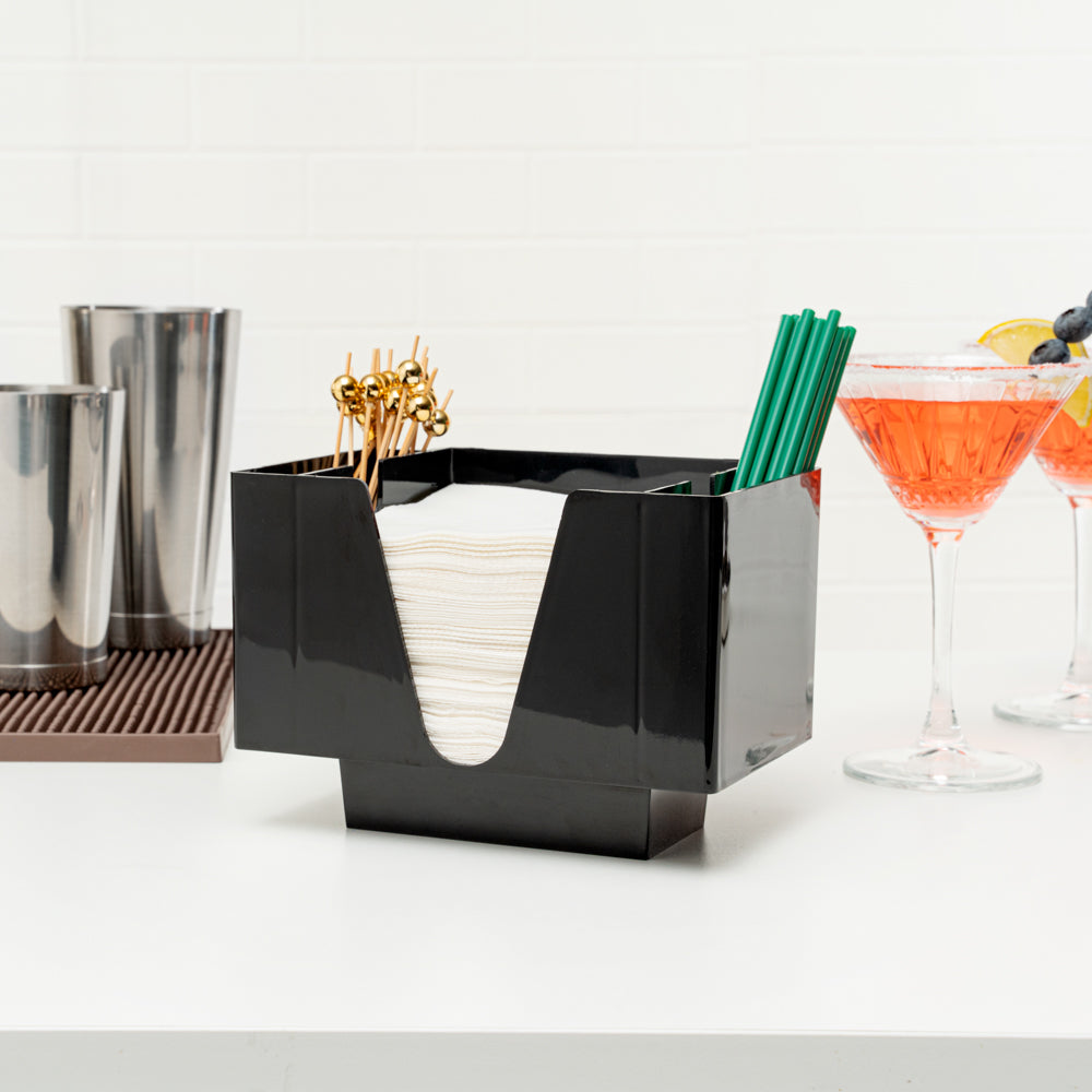 Bar Lux Black Plastic Condiment Caddy / Napkin Holder - 3 Compartments - 8" x 5 1/2" x 5 3/4" - 1 count box