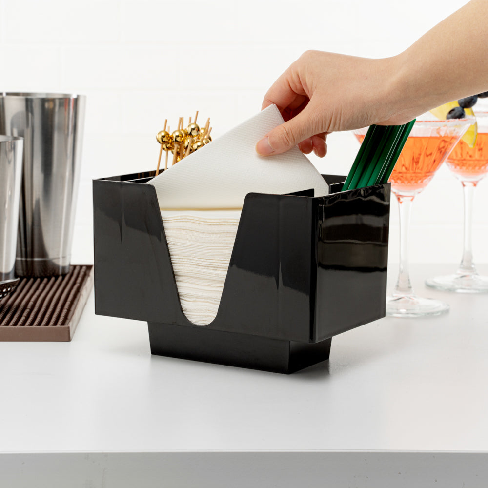 Bar Lux Black Plastic Condiment Caddy / Napkin Holder - 3 Compartments - 8" x 5 1/2" x 5 3/4" - 1 count box
