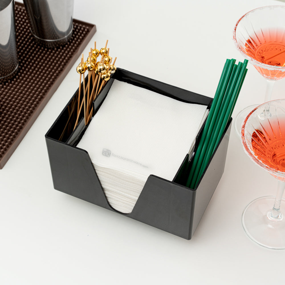 Bar Lux Rectangle Black Plastic Condiment Caddy / Napkin Holder - 3 Compartments - 8" x 5 1/2" x 5 3/4" - 10 count box