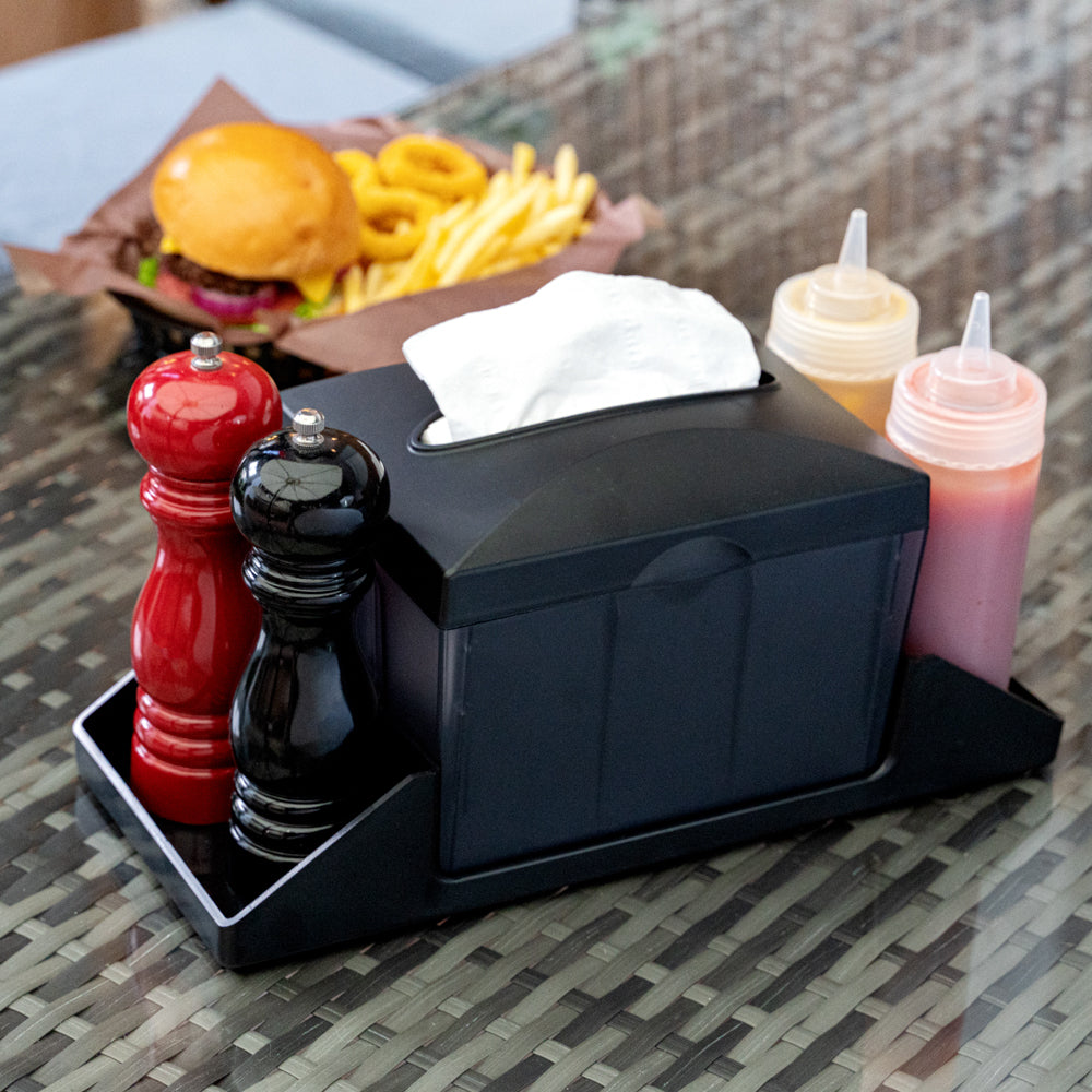 Bar Lux Rectangle Black Plastic Tabletop Condiment Caddy / Interfold Napkin Dispenser - 14 1/4" x 5 3/4" x 6 1/2" - 1 count box