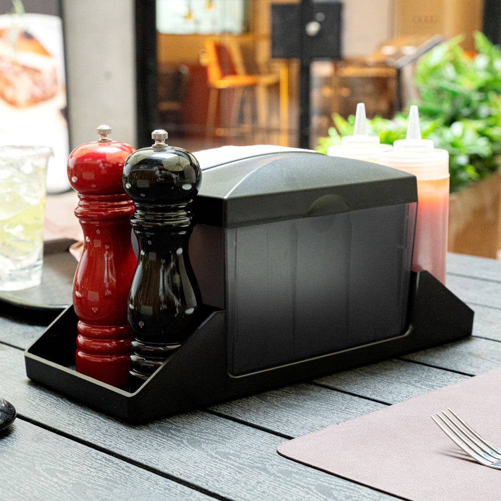 Bar Lux Rectangle Black Plastic Tabletop Condiment Caddy / Interfold Napkin Dispenser - 14 1/4" x 5 3/4" x 6 1/2" - 1 count box