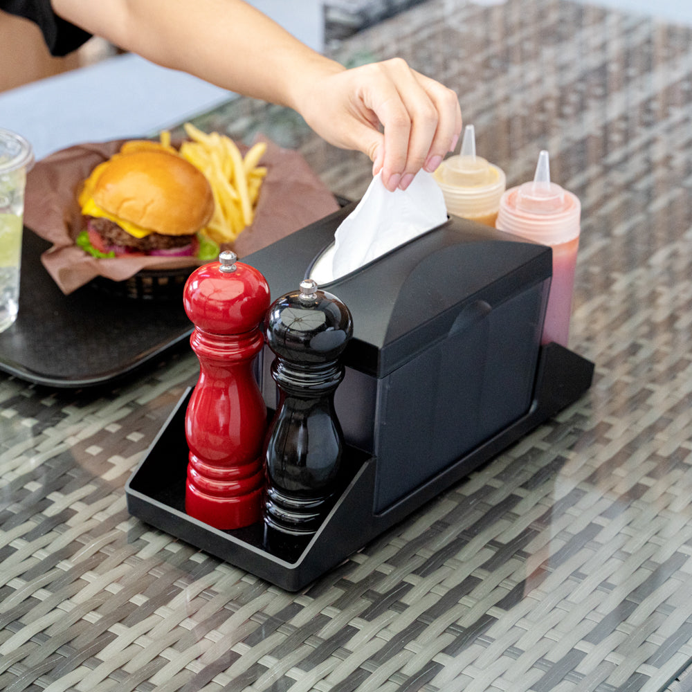 Bar Lux Rectangle Black Plastic Tabletop Condiment Caddy / Interfold Napkin Dispenser - 14 1/4" x 5 3/4" x 6 1/2" - 1 count box