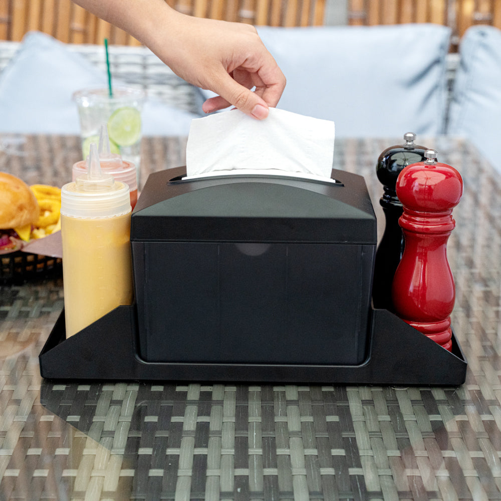 Bar Lux Rectangle Black Plastic Tabletop Condiment Caddy / Interfold Napkin Dispenser - 14 1/4" x 5 3/4" x 6 1/2" - 1 count box