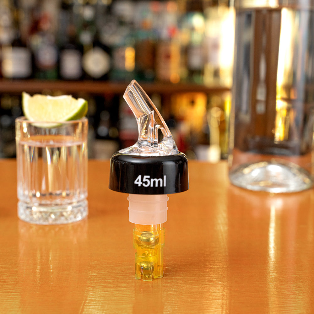 Bar Lux 1.5 oz Yellow Plastic Measured Liquor Pourer - with Collar, Clear Spout - 50 count box