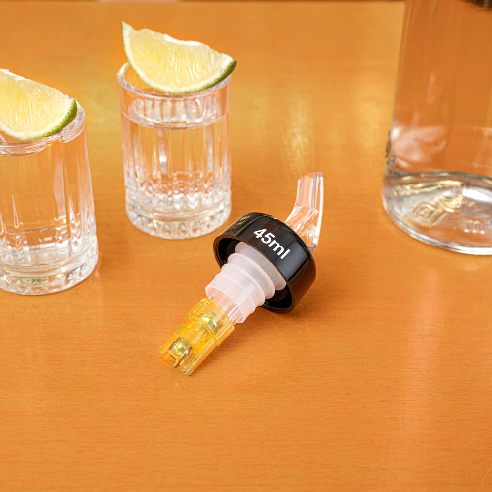 Bar Lux 1.5 oz Yellow Plastic Measured Liquor Pourer - with Collar, Clear Spout - 50 count box
