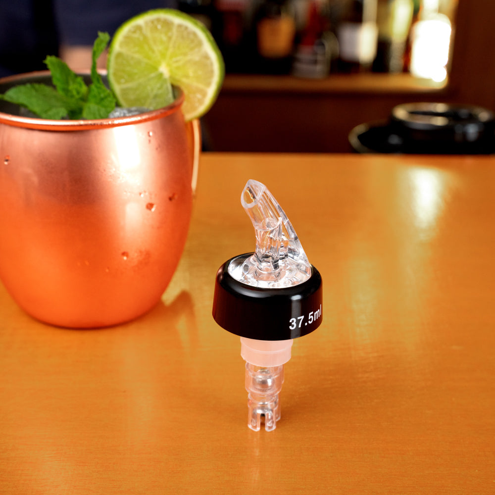 Bar Lux 1.3 oz Clear Plastic Measured Liquor Pourer - with Collar - 1 1/2" x 1 1/2" x 3 3/4" - 50 count box