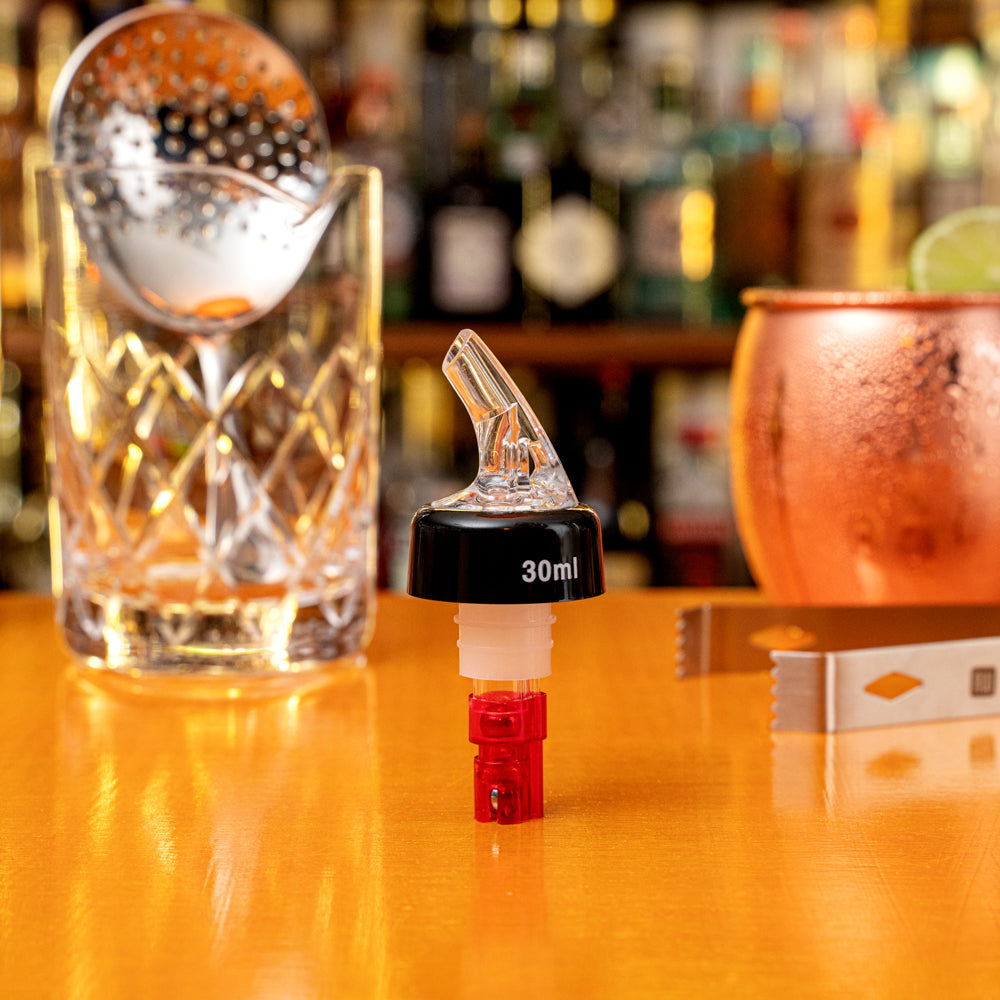 Bar Lux 1 oz Red Plastic Measured Liquor Pourer - with Collar, Clear Spout - 50 count box