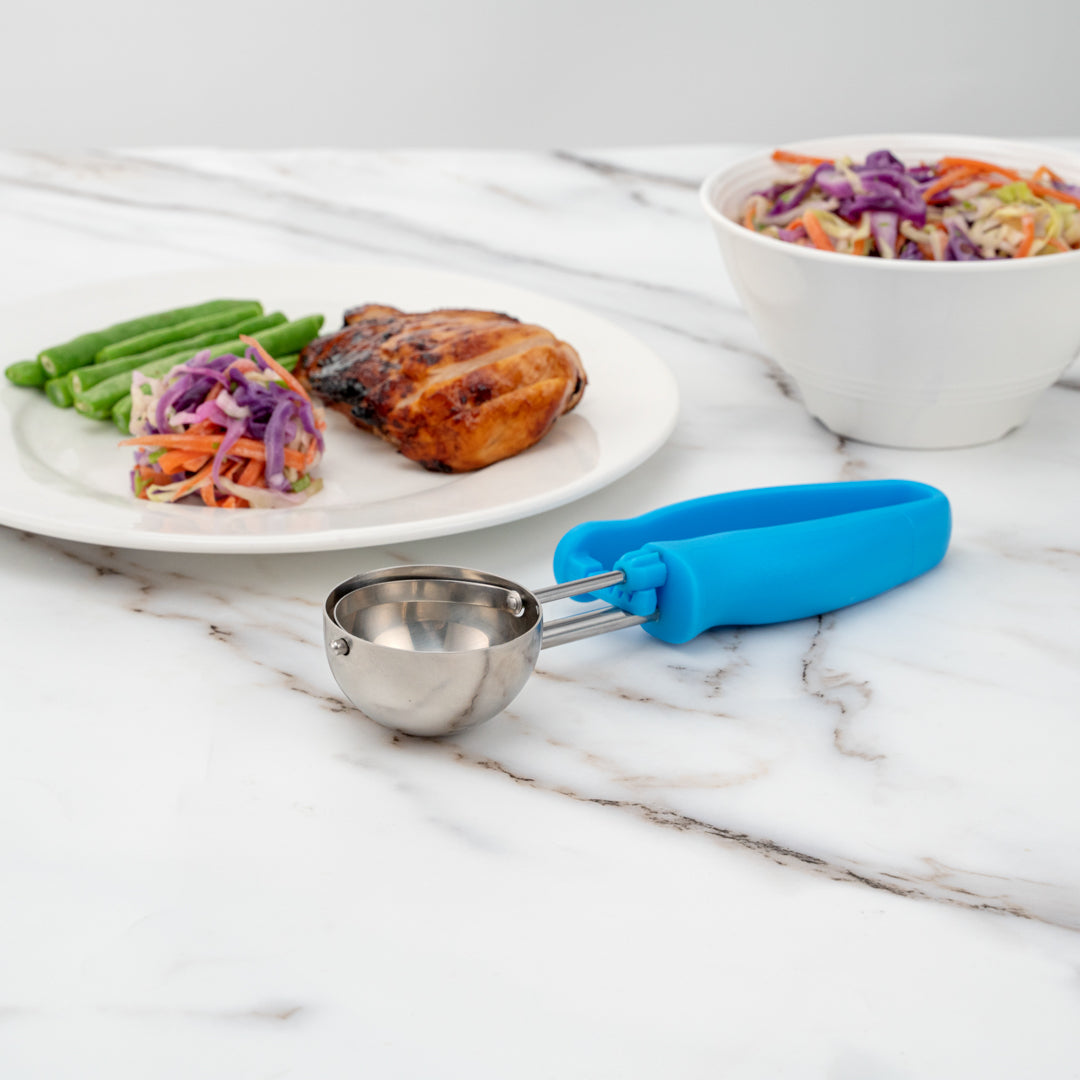 Comfy Grip 2 oz Stainless Steel #16 Portion Scoop - with Blue Ambidextrous Handle - 1 count box