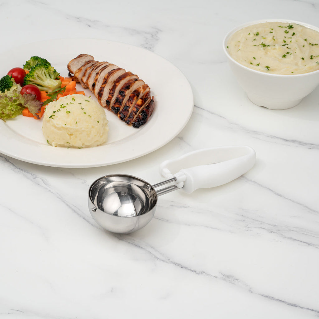 Comfy Grip 4.66 oz Stainless Steel #6 Portion Scoop - with White Ambidextrous Handle - 1 count box
