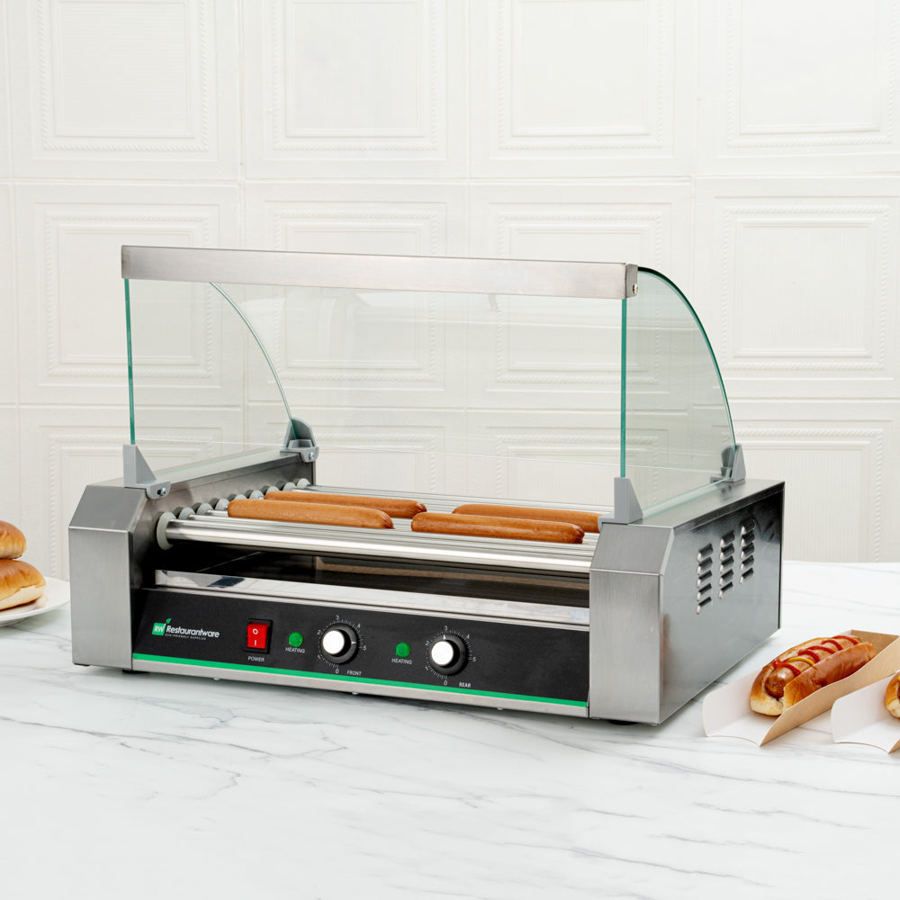 Hi Tek Stainless Steel Hot Dog Roller Grill Warmer - Fits 24, Curved Glass, Sneeze Guard - 1 count box