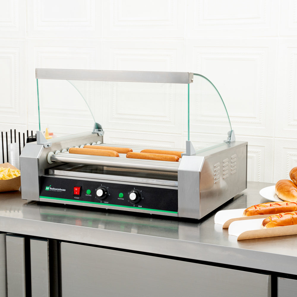 Hi Tek Stainless Steel Hot Dog Roller Grill Warmer - Fits 24, Curved Glass, Sneeze Guard - 1 count box
