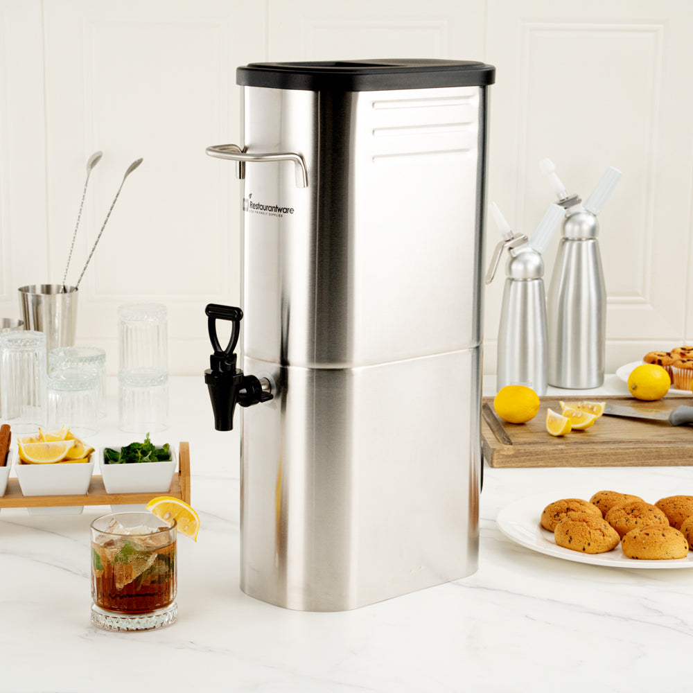 Bev Tek 3 gal Silver 13/0 Stainless Steel Iced Tea Dispenser - 11" x 6 1/2" x 20 3/4" - 1 count box