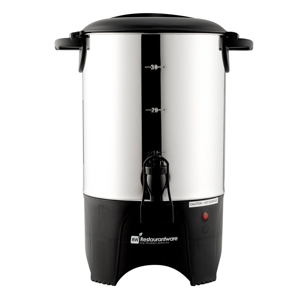 Restpresso 150 oz Silver 13/0 Stainless Steel Coffee Urn - 1000W, 30 Cup - 7 1/2" x 7 1/2" x 13 1/2" - 1 count box