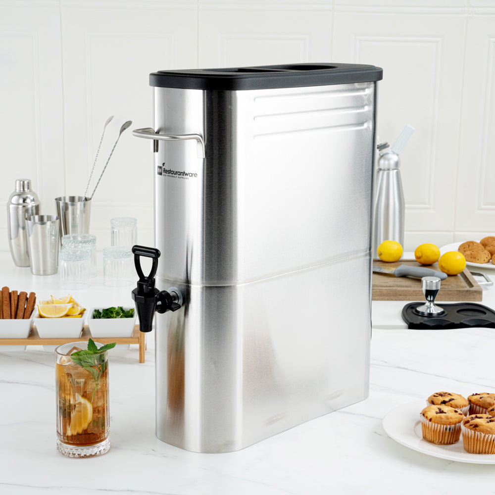 Bev Tek 5 gal Silver 13/0 Stainless Steel Iced Tea Dispenser - 16 1/2" x 6 3/4" x 20 3/4" - 1 count box