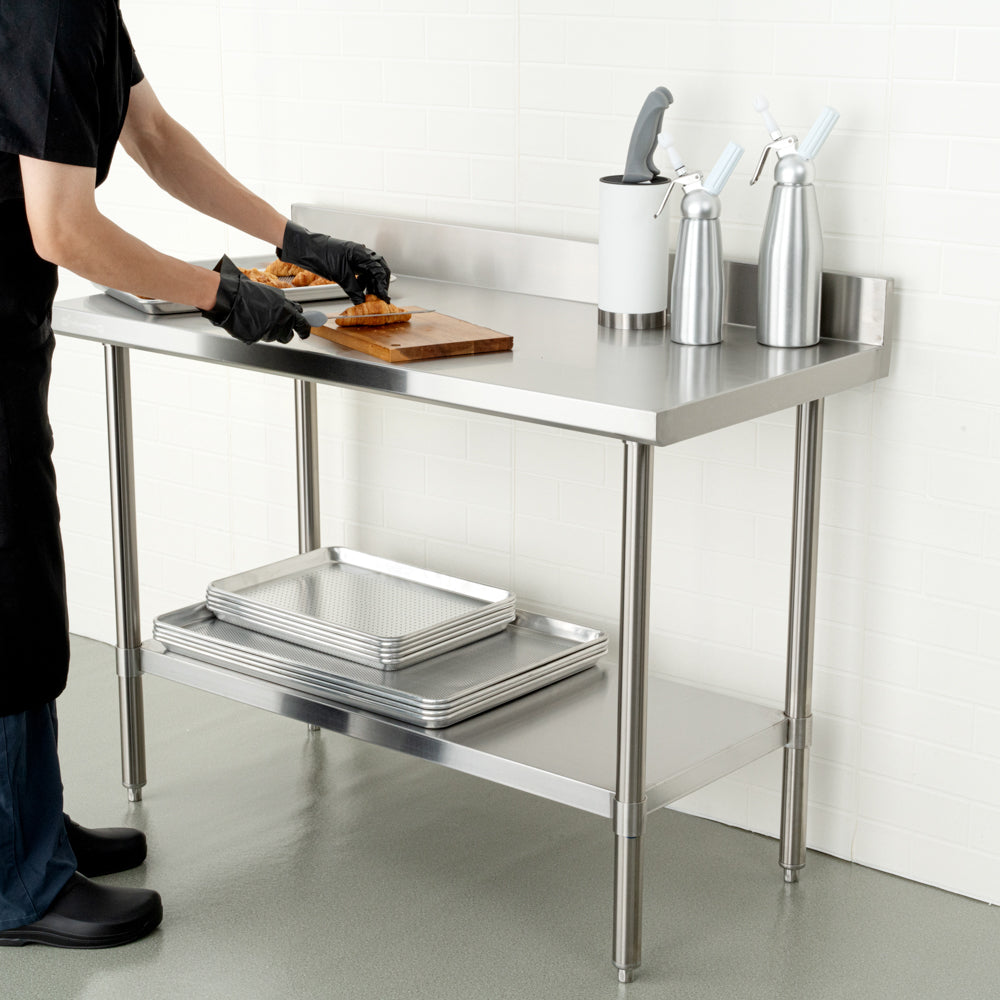Kitchen Tek 16-Gauge 304 Stainless Steel Commercial Work Table - Medium Duty, 4" Backsplash, Undershelf - 24" x 48" - 1 count box
