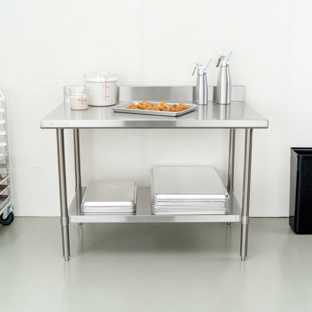 Kitchen Tek 16-Gauge 304 Stainless Steel Commercial Work Table - Medium Duty, 4" Backsplash, Undershelf - 30" x 48" - 1 count box