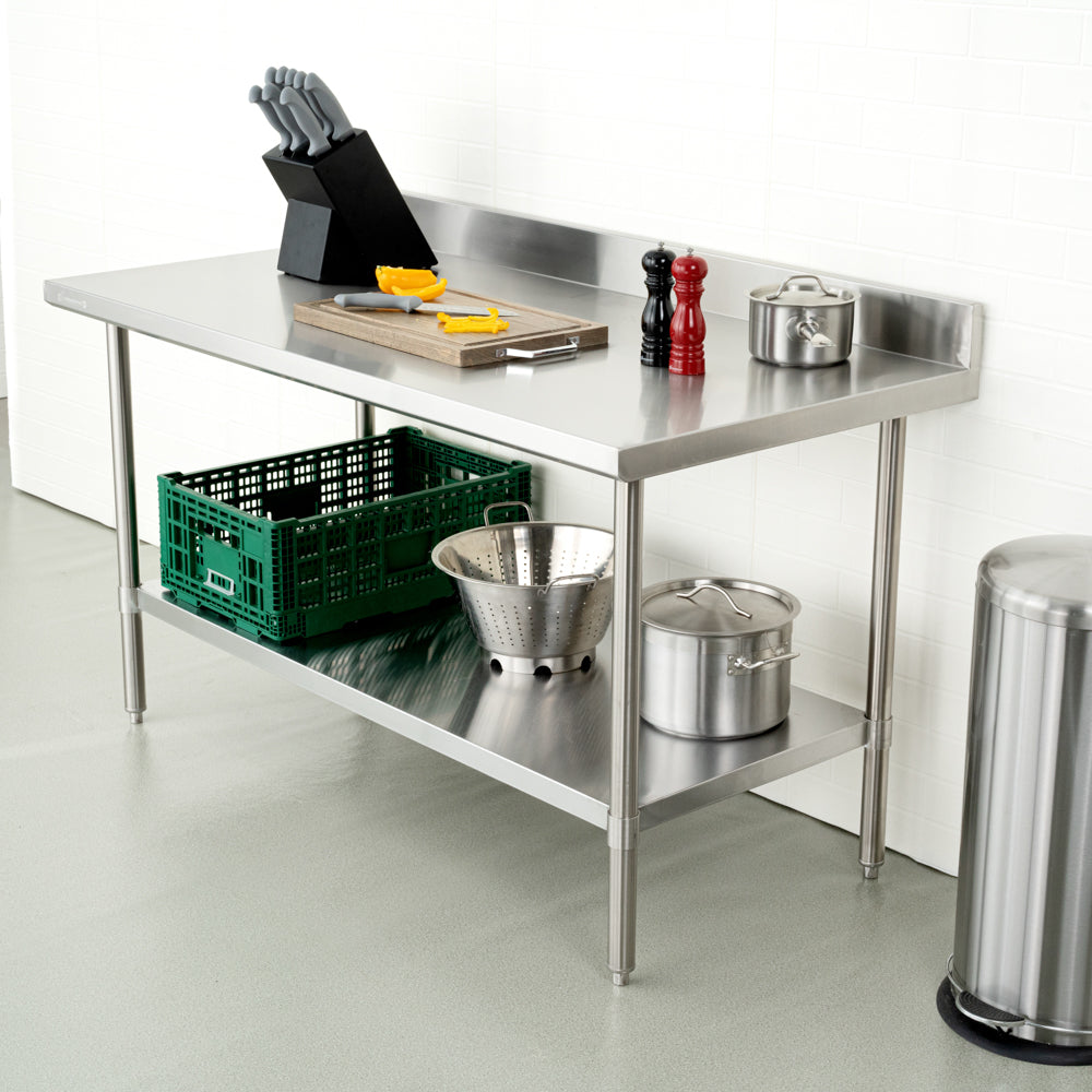 Kitchen Tek 16-Gauge 304 Stainless Steel Commercial Work Table - Medium Duty, 4" Backsplash, Undershelf - 30" x 60" - 1 count box