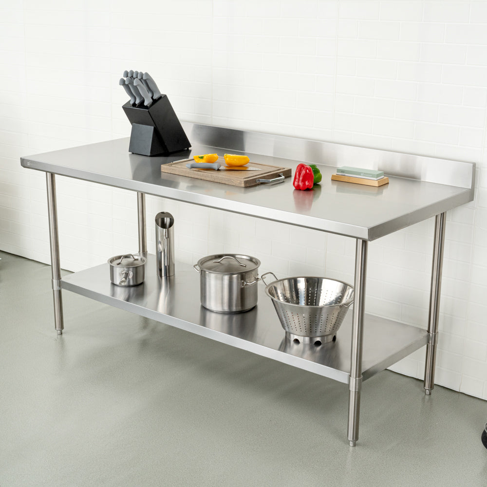 Kitchen Tek 16-Gauge 304 Stainless Steel Commercial Work Table - Medium Duty, 4" Backsplash, Undershelf - 30" x 72" - 1 count box