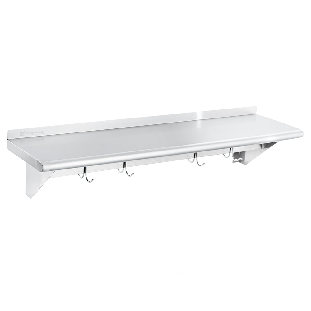 Kitchen Tek 430 Stainless Steel Wall Mounted Pot Rack - with Shelf, 4 Galvanized Hooks - 12" x 48" - 1 count box