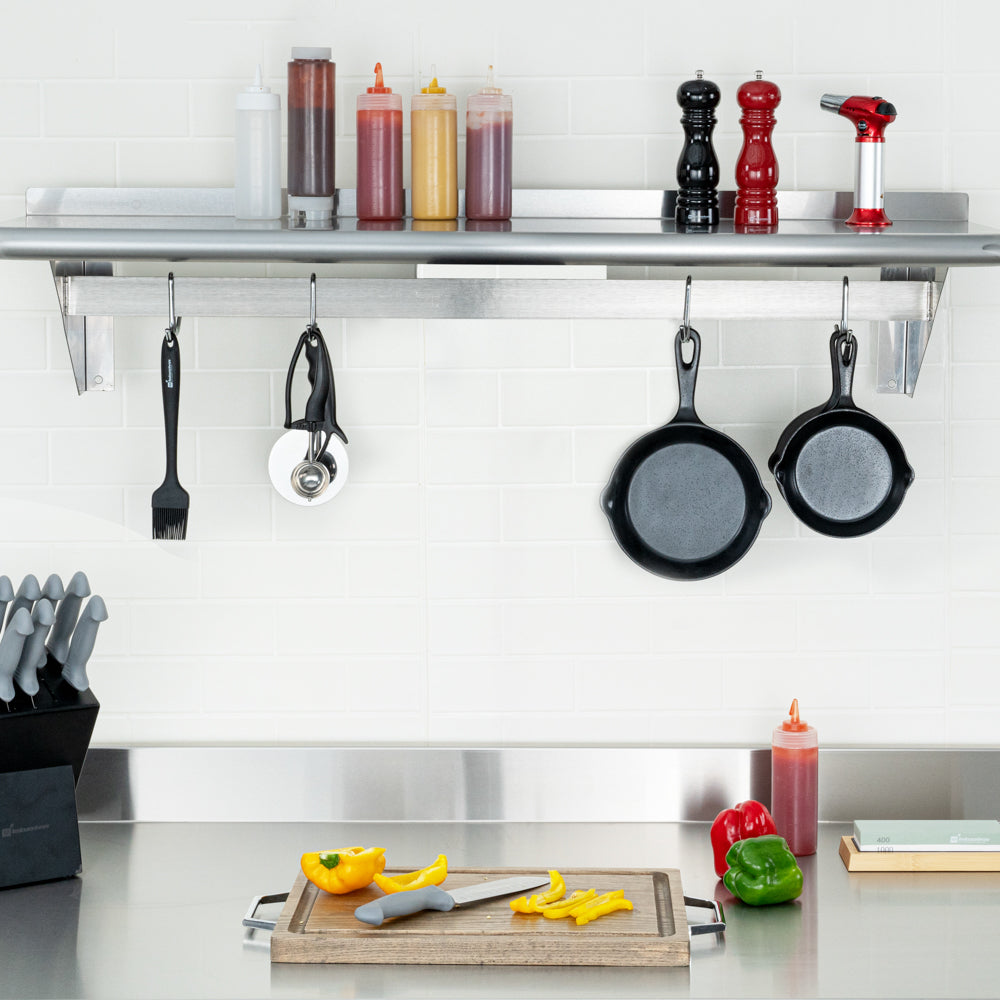 Kitchen Tek 430 Stainless Steel Wall Mounted Pot Rack - with Shelf, 4 Galvanized Hooks - 12" x 48" - 1 count box